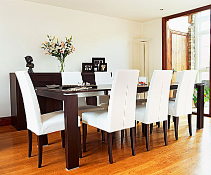 优雅,餐厅,苍白,木地板,深棕色,餐桌,白色,软垫,椅子