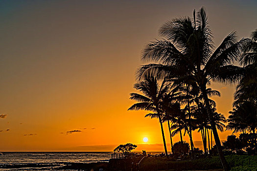 日落,海滩,坡伊普,考艾岛,夏威夷,美国,北美