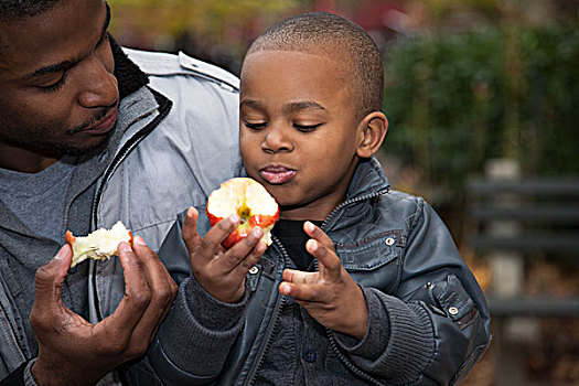 男性,幼儿,父亲,吃,苹果,公园