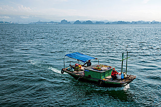 越南广宁鸿基市下龙湾海上石林间穿梭的小商船