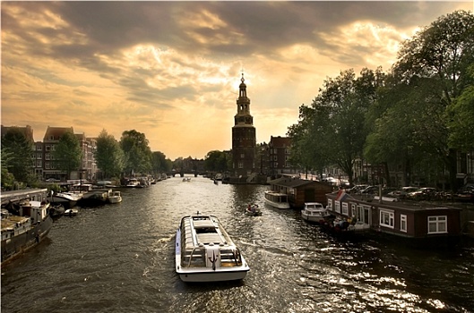 风景,城市,运河,阿姆斯特河,游船,阿姆斯特丹,荷兰