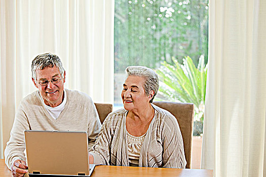 老年,夫妻,看,笔记本电脑,在家
