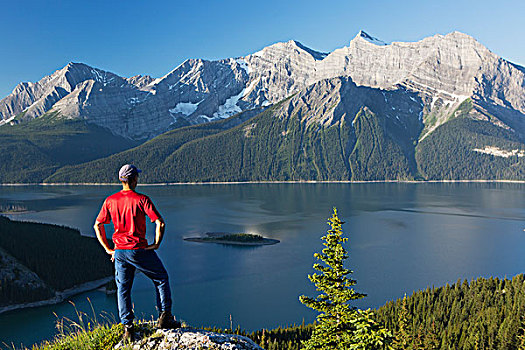 一个,男人,站立,石头,远眺,湖,落基山脉,卡纳纳斯基斯,艾伯塔省,加拿大