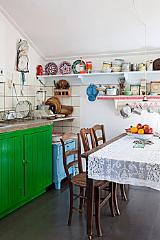 餐桌,蕾丝桌布,老式,椅子,正面,水槽,简单,厨房
