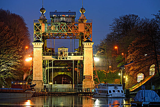 工业,博物馆,船,举起,运河,夜光,北莱茵威斯特伐利亚,德国