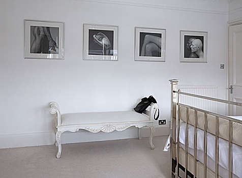 黑白照片,展示,高处,白色,长椅,座椅,卧室
