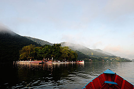 风景,费瓦湖,岛屿,庙宇,波卡拉,喜马拉雅山,尼泊尔,亚洲