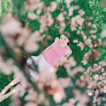 女孩,躺着,草,仰视,樱桃树,花