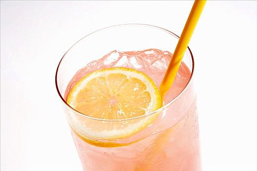 玻璃杯,粉色,柠檬水,吸管,柠檬片