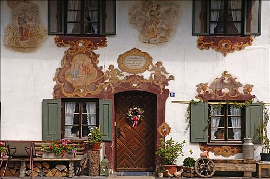 传统,涂绘,建筑正面,上巴伐利亚,巴伐利亚,德国,欧洲