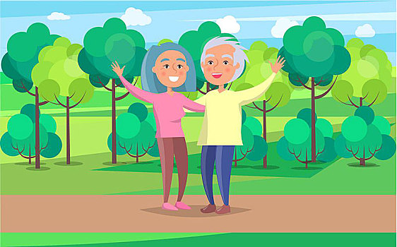 高兴,祖父母,老年,夫妻,公园,背景,绿色,树,矢量,插画,成人,一起,行走