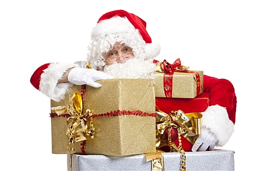 老,男性,圣诞老人,靠着,一堆,圣诞礼物,盒子