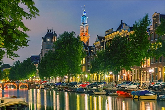 夜晚,城市风光,阿姆斯特丹,运河,教堂