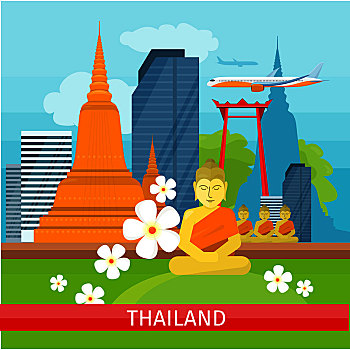 泰国,旅行,旗帜,风景,传统,地标建筑,摩天大楼,建筑,自然,局部,序列,世界,矢量,插画