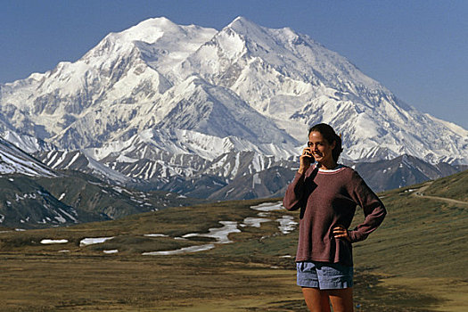 女人,手机,麦金立山,德纳里国家公园,夏天,景色