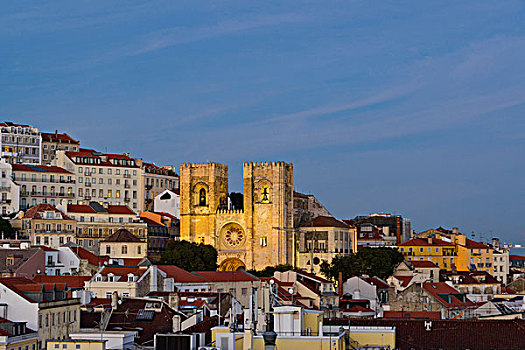 俯视,屋顶,古建筑,阿尔法马区,地区,日落,日光,里斯本,大教堂,葡萄牙