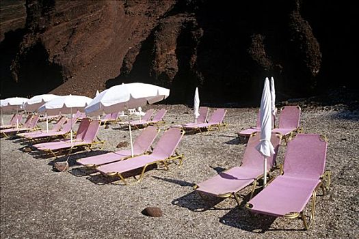 粉色,折叠躺椅,红色,海滩,南方,局部,岛屿,锡拉岛,基克拉迪群岛,爱琴海,地中海,希腊,欧洲