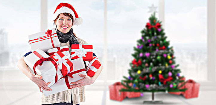 合成效果,图像,女人,拿着,许多,礼物,家,圣诞树