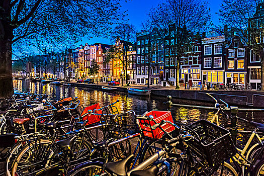 特色,建筑,线条,运河,排,自行车停放,晚上,阿姆斯特丹,荷兰