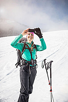 女性,滑雪,照相,拍照手机