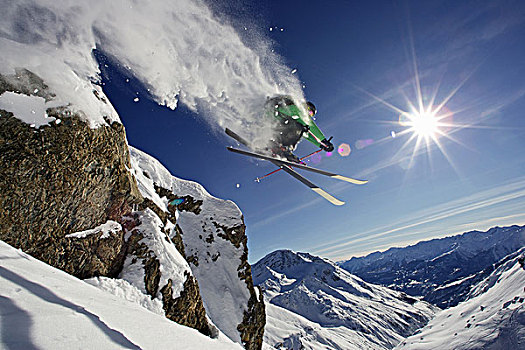 滑雪者,半空中,雪,山