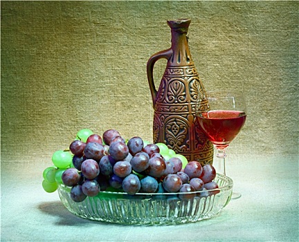 静物,葡萄,瓶子,葡萄酒杯