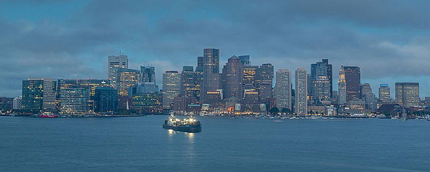 风景,天际线,波士顿,黄昏,摩天大楼,正面,水道,马萨诸塞,美国,北美