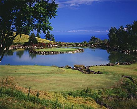 夏威夷,夏威夷大岛,乡村俱乐部,洞,湖,绿色,岛屿