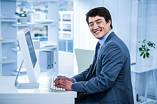 微笑,商务人士,电脑,办公室