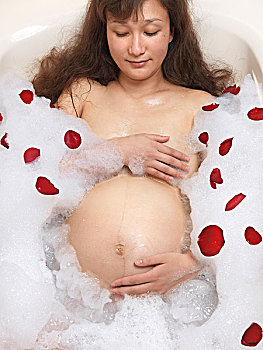 怀孕,女人,沐浴,泡沫,玫瑰,花瓣