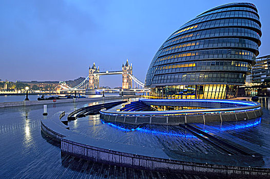 市政厅,设计,诺曼福斯特,塔桥,背影,黄昏,伦敦,英格兰,英国,欧洲