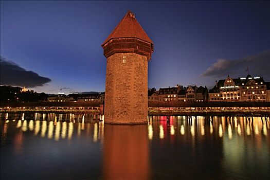 桥,黄昏,水塔,瑞士