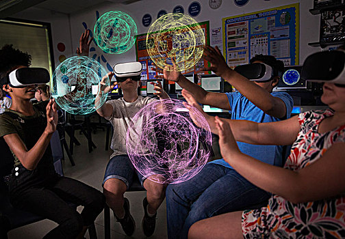 初中,学生,虚拟现实,暗色,教室
