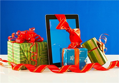 礼物,平板电脑,蓝色背景