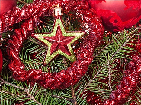 红色,星,闪亮装饰物,圣诞树,背景
