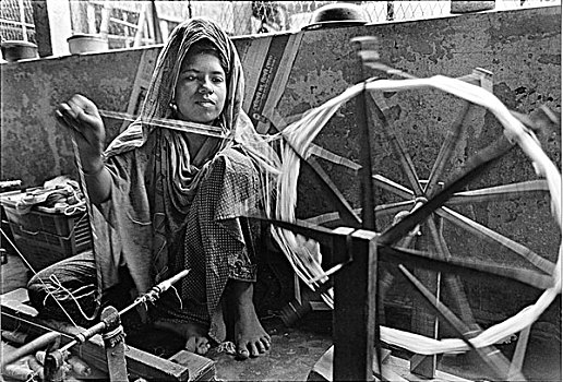 传统,织布机,女人,风,线,工作间,床上,孟加拉