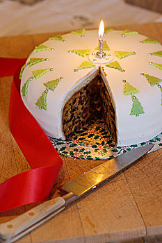 喜庆,圣诞节蛋糕,切片,刀,带