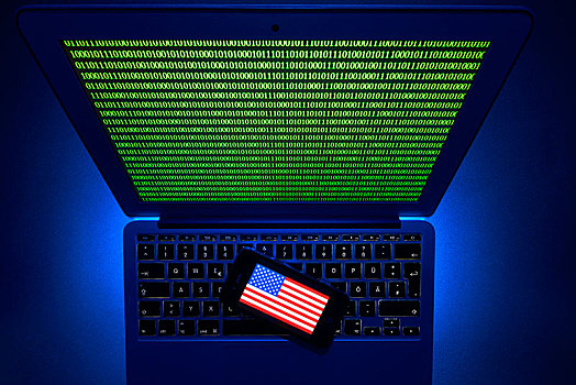 智能手机,美国国旗,电脑键盘,象征,图像,黑客,攻击,巴登符腾堡,德国,欧洲