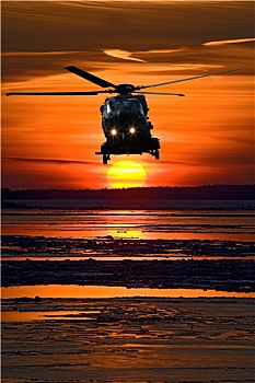 直升飞机,日落
