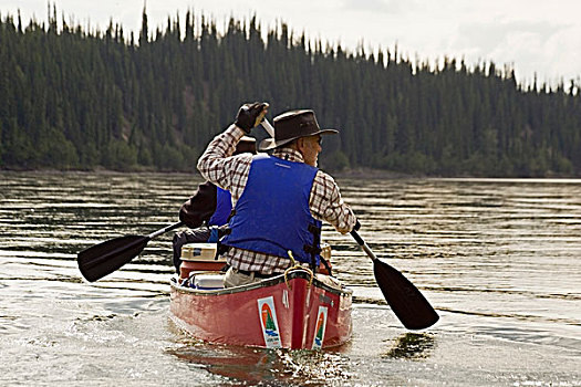 两个,男人,划船,独木舟,河,育空地区,加拿大