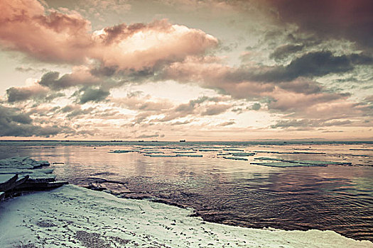 冬天,海边风景,漂浮,冰,海湾,芬兰,俄罗斯,旧式,照片,滤镜效果