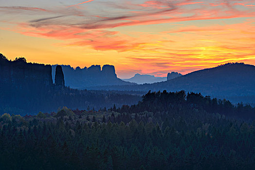 风景,石头,树林,日落,左边,国家公园,撒克逊瑞士,萨克森,德国,欧洲