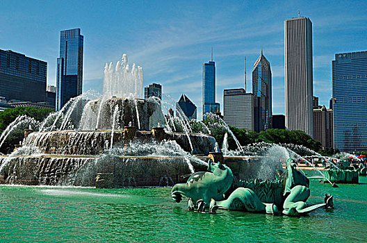 白金汉喷泉,天际线,芝加哥,伊利诺斯,美国,北美
