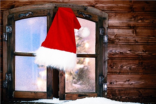 圣诞帽,悬挂,乡村,窗玻璃