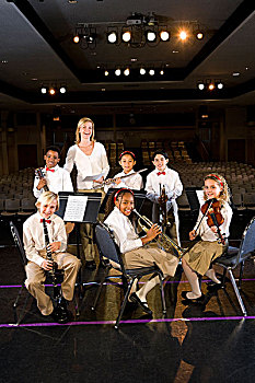 孩子,学生,演奏,乐器,学校,礼堂,教师