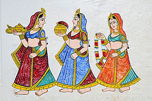 壁画,三个女人,穿,纱丽服,礼物,乌代浦尔,城市宫殿