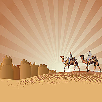 两个男人,骑,骆驼,沙滩,拉贾斯坦邦,印度