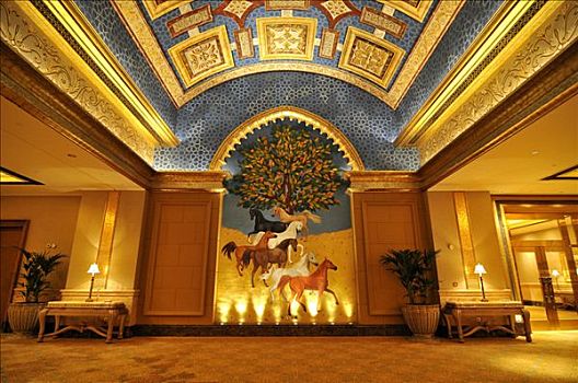 蓝色,房间,酋长国,宫殿,酒店,描绘,马,阿联酋,阿布扎比,阿拉伯,中东,东方