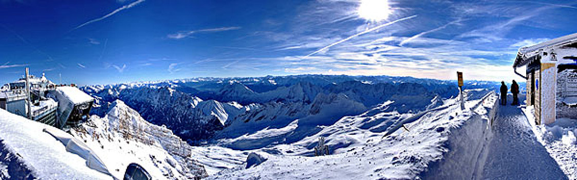 山脉全景,积雪,楚格峰,发射器,风景,方向,西南方,埃尔瓦尔德,奥地利