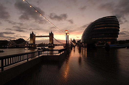 英格兰,伦敦,塔桥,黎明,南方,堤岸,泰晤士河,市政厅